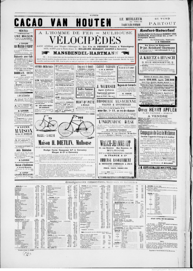 Journal L'Express de Mulhouse du 27 mars 1889 (p.4) : vélocipèdes.